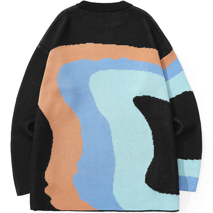 Color Block Letter Jacquard Crew Neck Sweater