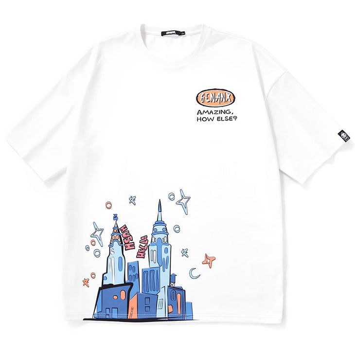 Stylish Cool Graffiti Castle Cartoon Print T-Shirt