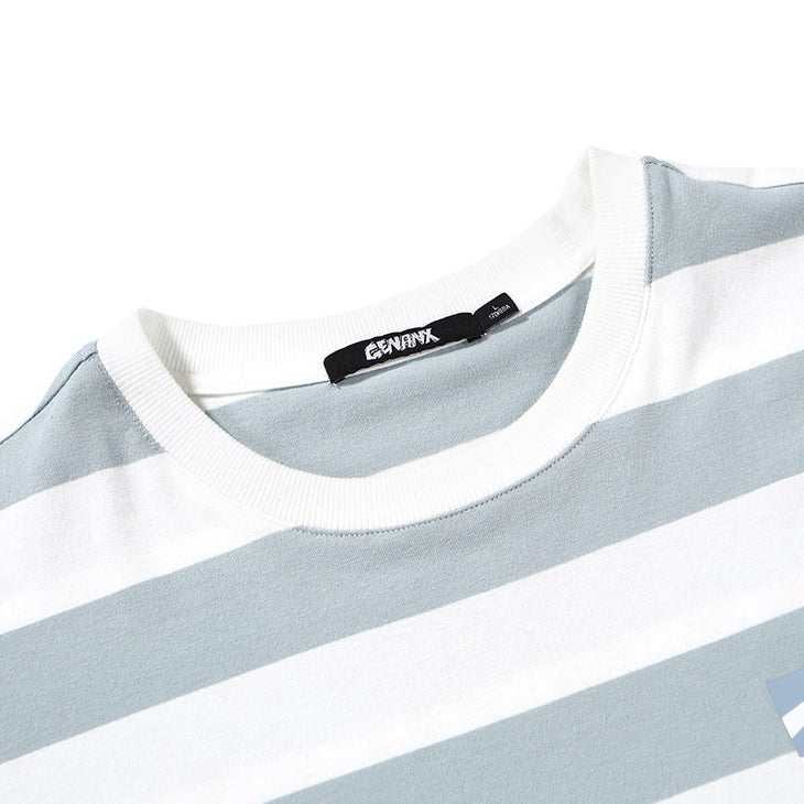 Color Block Stripe Letter Print Round Neck T-Shirt