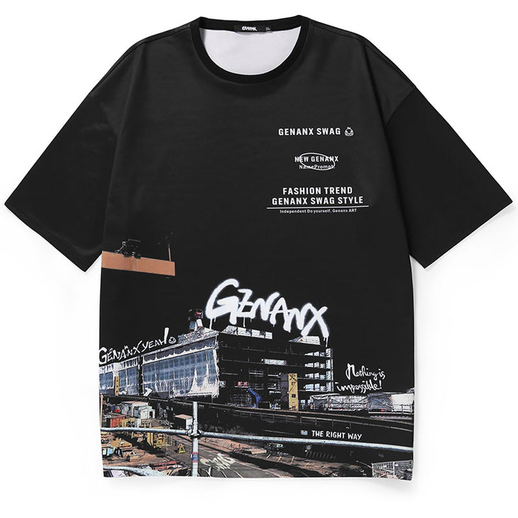 City Letter Print Space Cotton T-Shirt