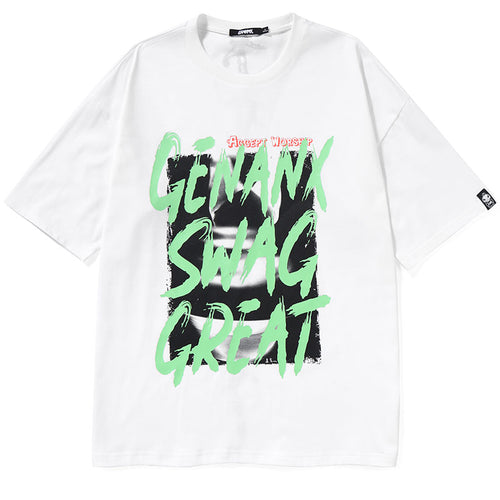 Letter Chain Print Drop-Shoulder Short Sleeve Cotton T-Shirt