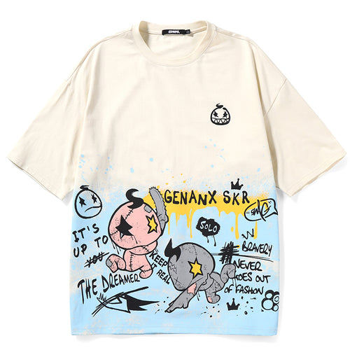 Cartoon Color Block Graffiti Drop-Shoulder Short Sleeve T-Shirt