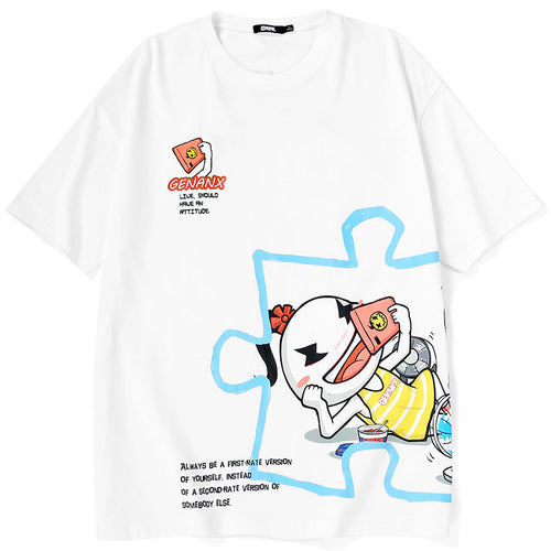 Cartoon Puzzle Print Cotton T-Shirt