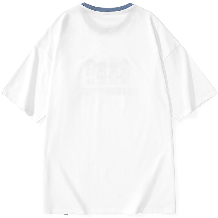 Color Block Round Neck Cartoon Letter Print Drop-Shoulder Sleeve T-Shirt