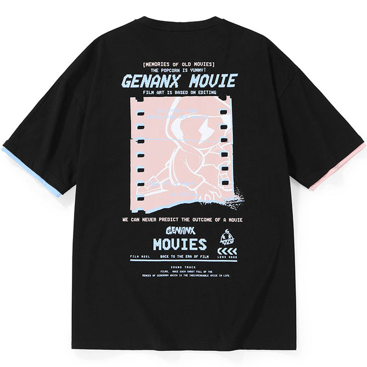 Color Block Double-Layer Sleeve Cartoon Film Print T-Shirt