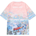 Oil Painting Train Glacier Print Space Cotton T-Shirt