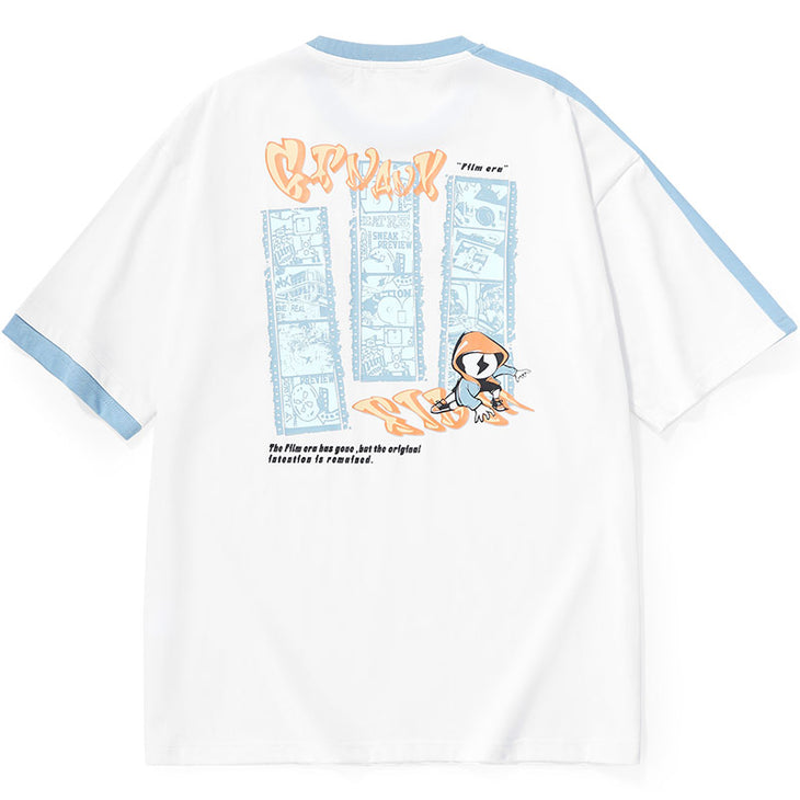 Blue And White Cartoon Print Drop-Shoulder T-Shirt