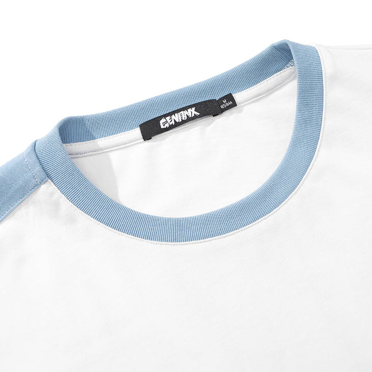 Blue And White Cartoon Print Drop-Shoulder T-Shirt
