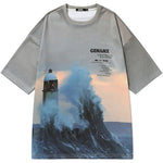 Wave Lighthouse Color Block Print Space Cotton T-Shirt