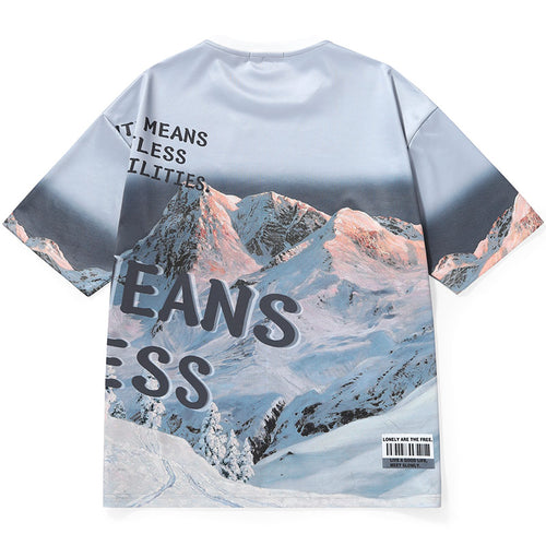 Glacier Snow Mountain Letter Print Space Cotton T-Shirt