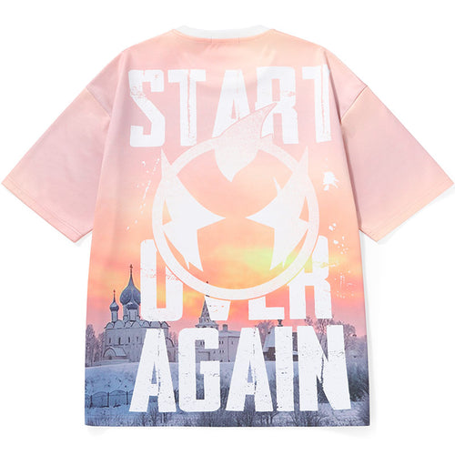 Orange Pink Sunset Letter Print Space Cotton T-Shirt