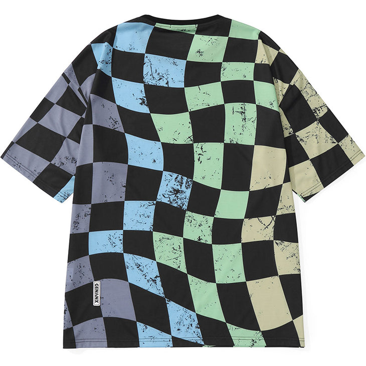 Mottled Color Block Checkerboard Cartoon Print T-Shirt