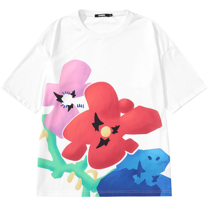 Funny Graffiti Cartoon Flower Print Space Cotton T-Shirt