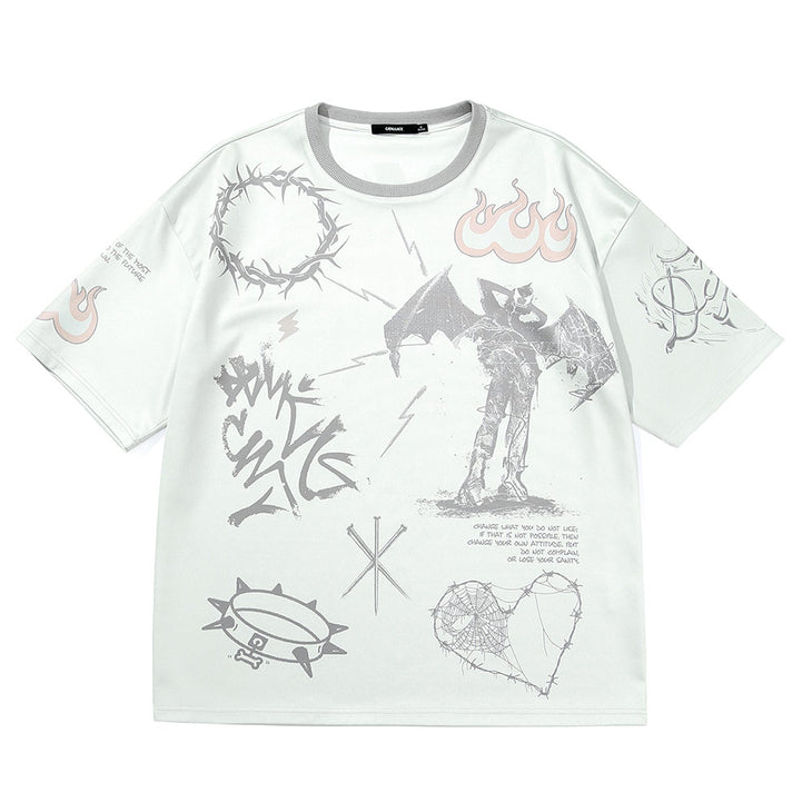 Little Devil Graffiti Love Flame Print Drop Shoulder Space Cotton T-Shirt