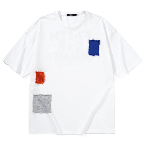 Letter Print Contrast Color Patches Cotton T-Shirt