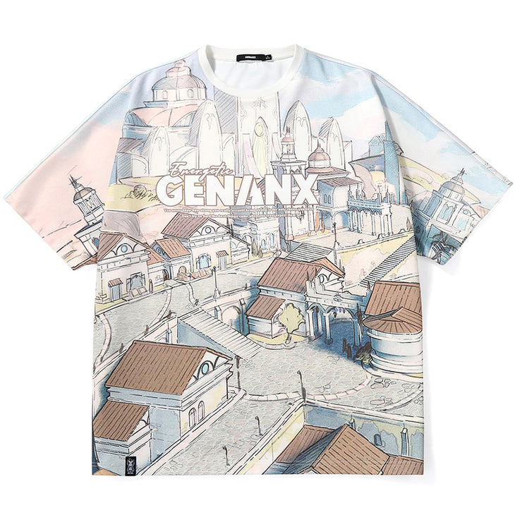 Oil Painting Style Fairy Tale Town Print Space Cotton T-Shirt