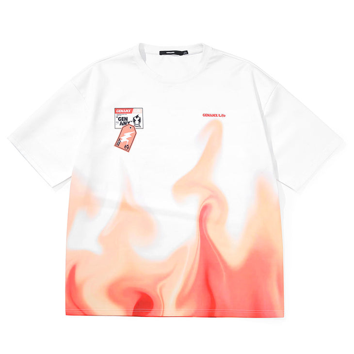 Gradient Flame Cartoon Print Space Cotton T-Shirt