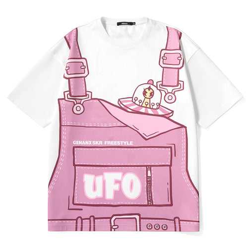Fun Strap UFO Alien Print Drop Sleeve Space Cotton T-Shirt