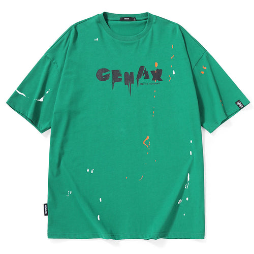 Street Graffiti Painted Letters Printed Drop Shoulder Sleeve Cotton T-Shirt
