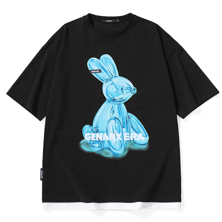 Cartoon Bunny Print Drop-Shoulder Sleeve Cotton T-Shirt