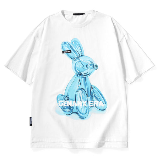 Cartoon Bunny Print Drop-Shoulder Sleeve Cotton T-Shirt