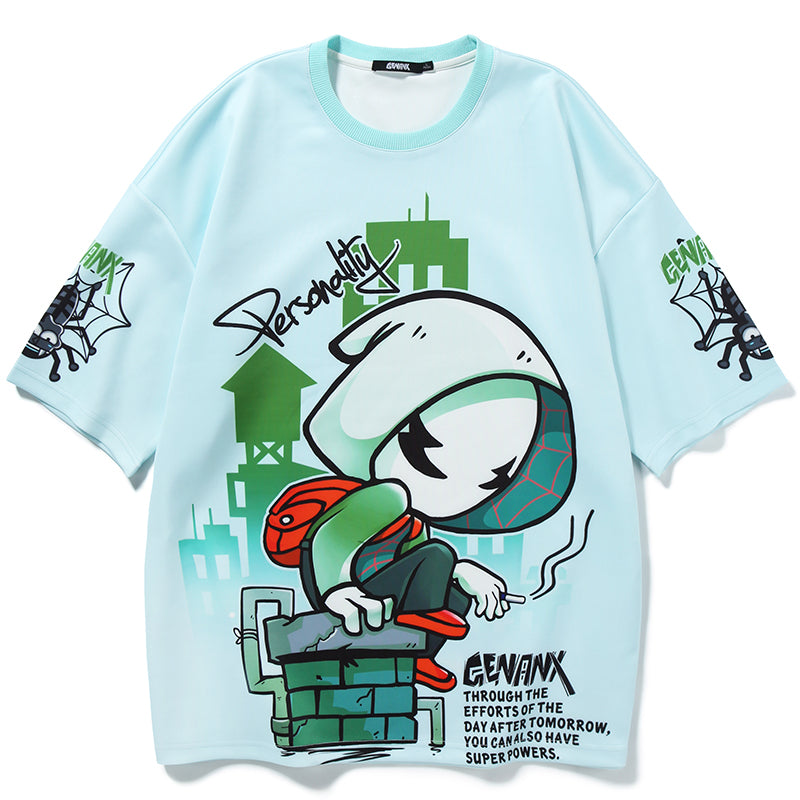 Spider Cartoon Print Space Cotton T-Shirt