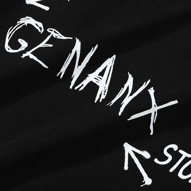 Black Fun Graffiti Print Drop-Shoulder Sleeve T-Shirt