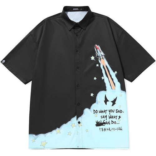 Color Block Space Rocket Print Drop-Shoulder Sleeve Shirt