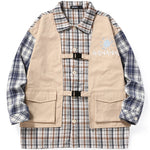 Safari Style Fake Two Piece Color Block Embroidery Plaid Shirt