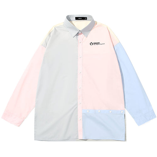 Asymmetric Color Block Button Cotton Shirts