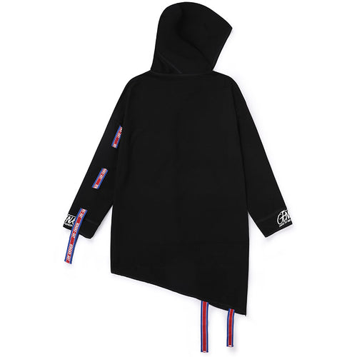 Black Asymmetric Ribbon Hooded Trench Coat