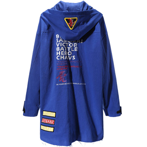 Blue Raw Edge Print Embroidery Hooded Trench Coat