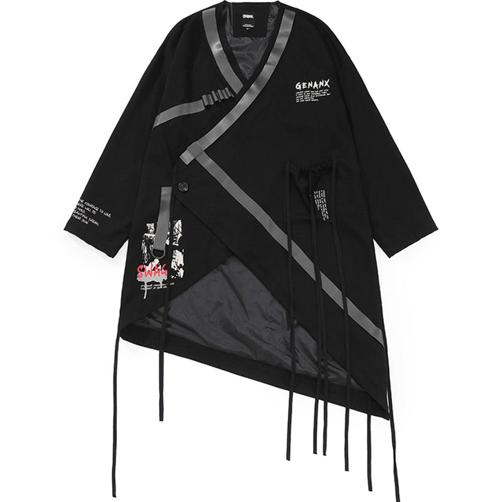 Japanese Style Print Ribbon Asymmetric Trench Coat