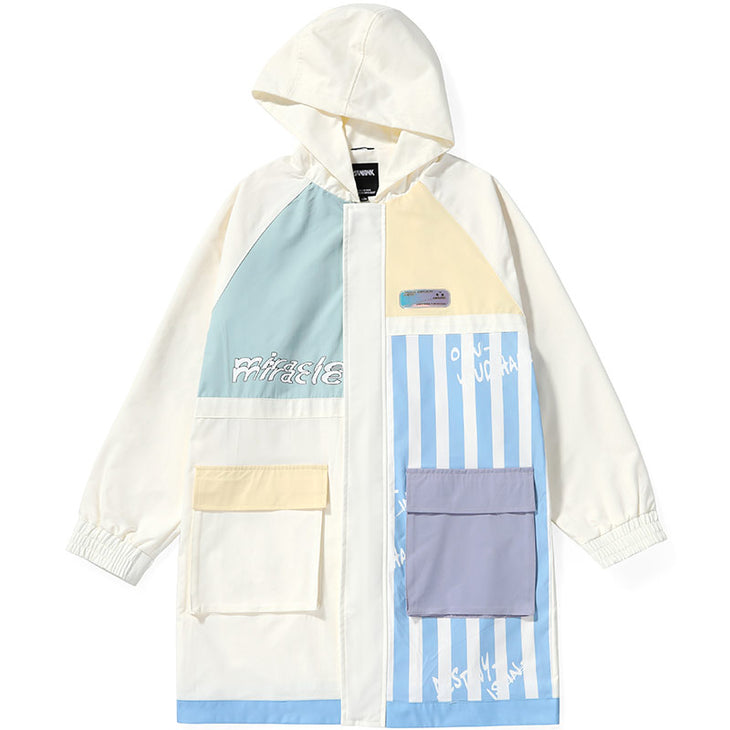 Color Block Striped Print Hooded Trench Coat