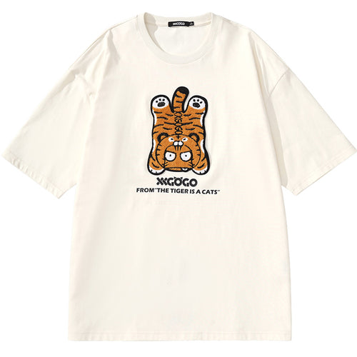 Cartoon Tiger Embroidered Letter Print T-Shirt