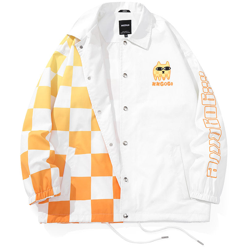 Gradient Checkerboard Cat Print Couple Jacket