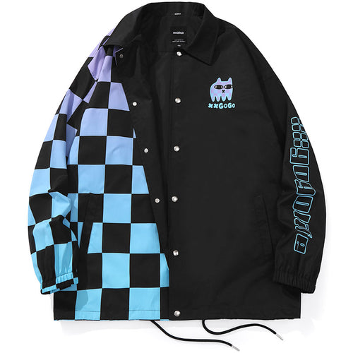 Gradient Checkerboard Cat Print Couple Jacket