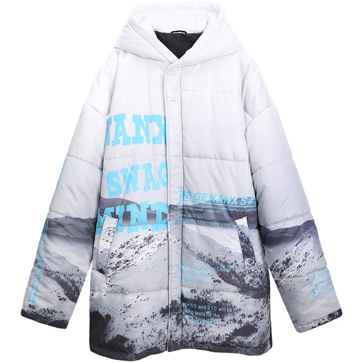 Pockets Print Hooded Loose Padded Coat