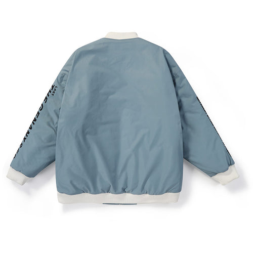 Blue Cartoon Print Rib Baseball Collar Padded Jacket
