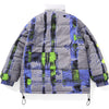Gray Blue Safari Style Color Block Patchwork Stand Collar Padded Coat