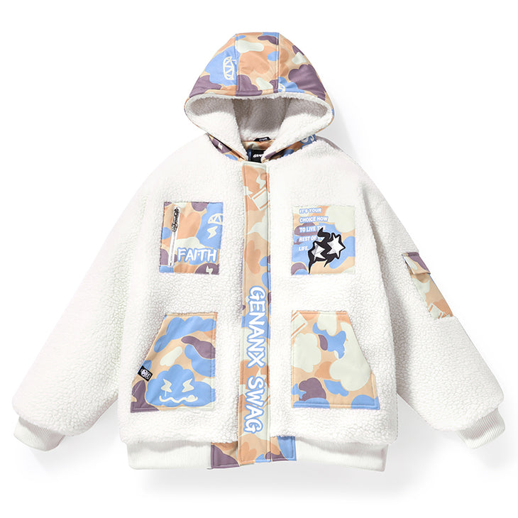 Colorful Print Cashmere Hooded Padded Coat