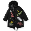 Black Print Split Fleece Hooded Padded Coat