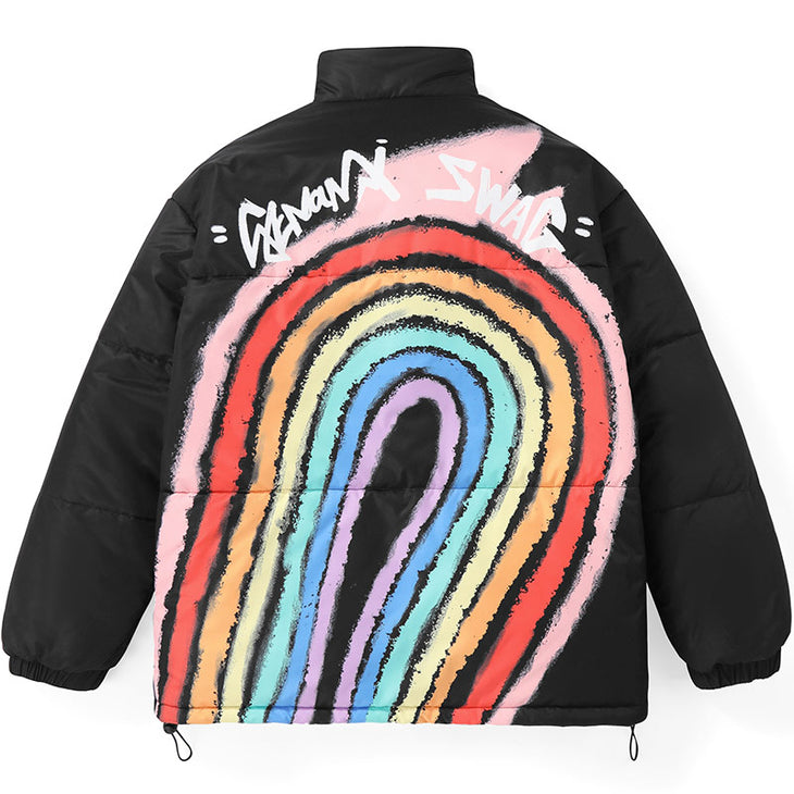 Rainbow Print Stand Collar Padded Coat