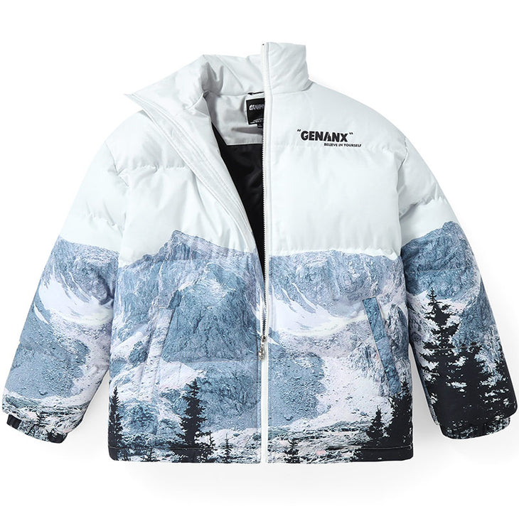 Snow Mountain Print Drop-Shoulder Sleeve Padded Coat