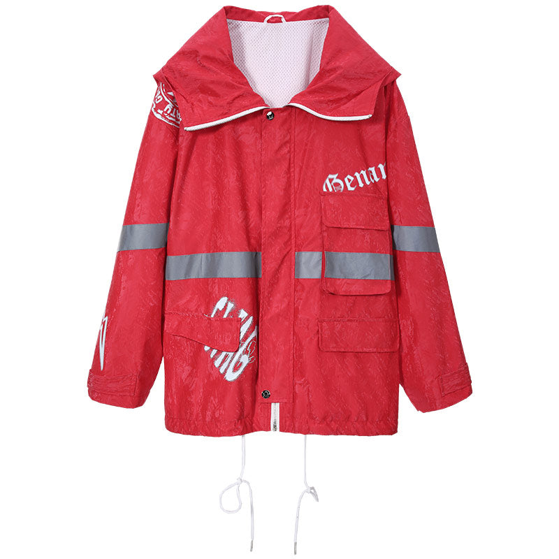 Hip Hop Red Print Reflective Stripes Hooded Jacket
