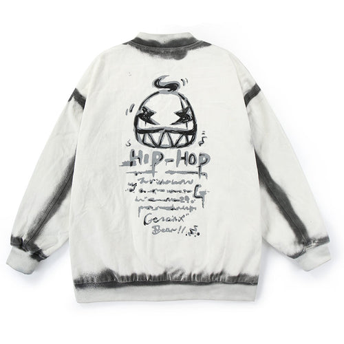 Hip-Hop Hand-Painted Line-Print Cotton Baseball-Collar Jacket