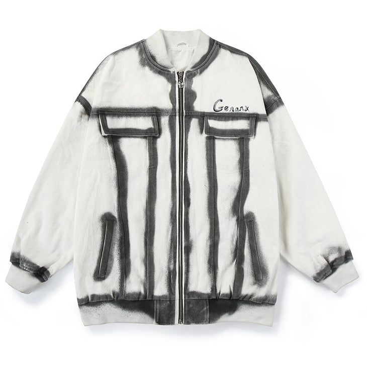 Hip-Hop Hand-Painted Line-Print Cotton Baseball-Collar Jacket