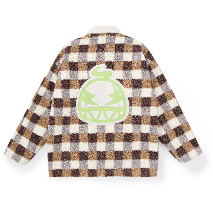 Checkerboard Embroidered Applique Teddy Fleece Jacket