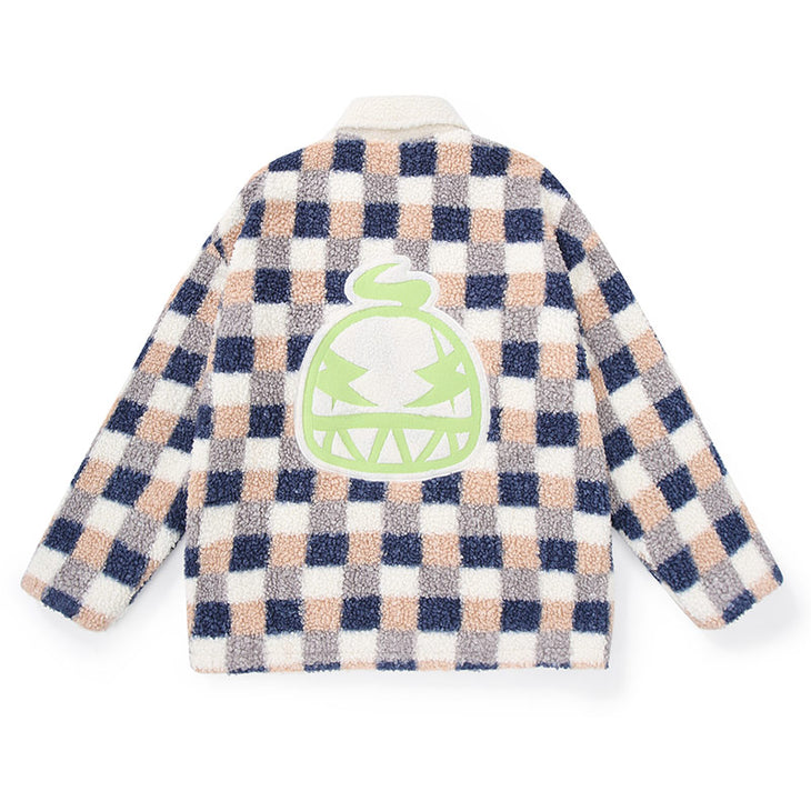Checkerboard Embroidered Applique Teddy Fleece Jacket