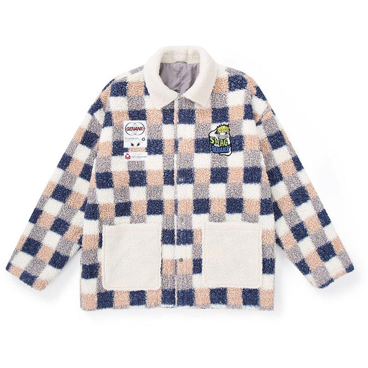 Checkerboard Embroidered Applique Teddy Fleece Jacket